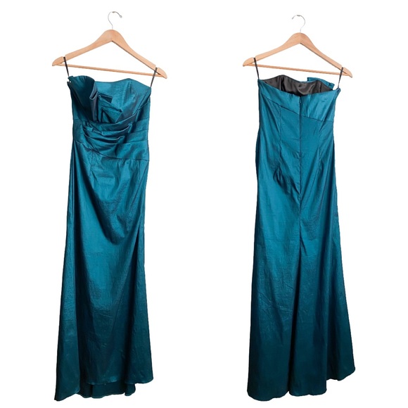 Jessica McClintock Teal Shantung Column Gown Maxi Dress Draped Ruched Wedding 8 - Picture 7 of 8